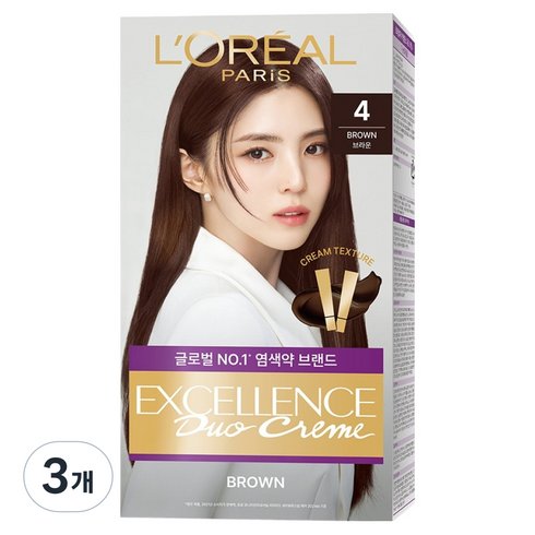 로레알파리 엑셀랑스 듀오크림 염색약, 4호 브라운, 3개