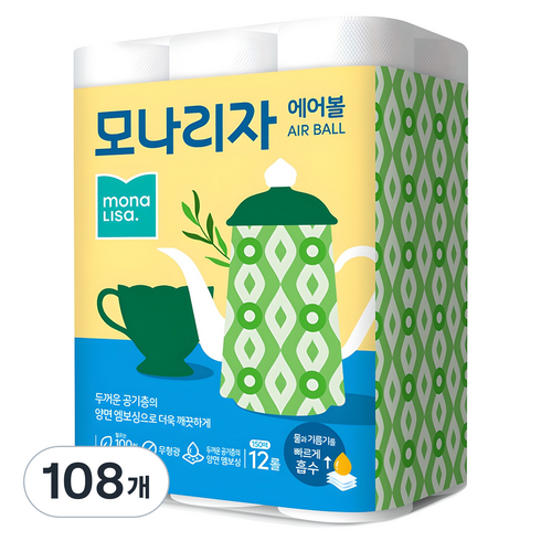 모나리자 에어볼 천연펄프 키친타올, 150매, 108개