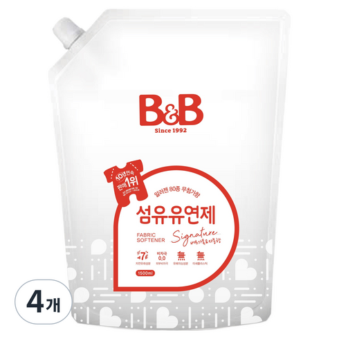 비앤비 섬유유연제 베르가못 자몽향 리필형, 1.5L, 4개