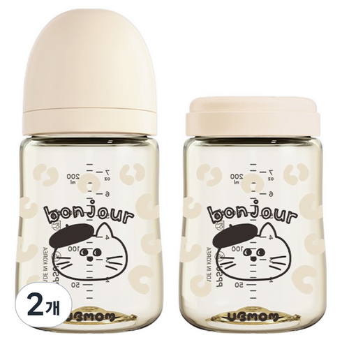 유비맘 신생아용 트래블 에디션 PPSU 노꼭지 젖병 트윈팩, 봉주르몽자 베이지, 2개, 200ml