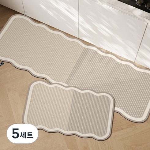 마켓플랜 웨이브 주방 발매트 2종 세트, 라인베이지, 5세트