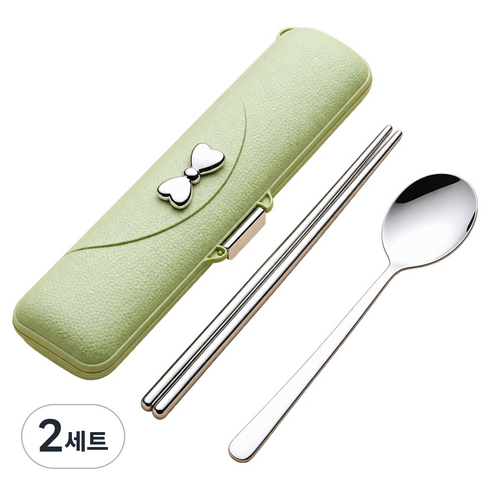 수저 세트, 그린, 숟가락 + 젓가락 + 케이스, 2세트