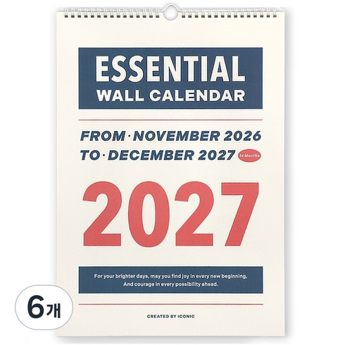 아이코닉 2027 에센셜 벽걸이달력 A3 월 캘린더, 혼합색상, 6개