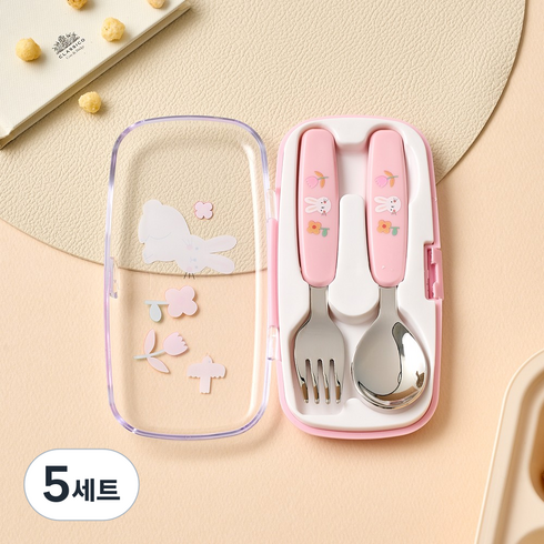 모던하우스 스푼 + 포크 + 수저통 세트, 5세트, 스푼 + 포크 + 케이스, 플라워래빗