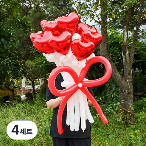파티쇼 DIY 하트 꽃풍선 꽃다발 만들기 + 손펌프 세트, 레드(꽃다발), 핑크(손펌프), 4세트