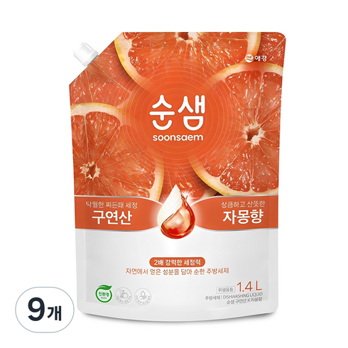 순샘 구연산 자몽향 주방세제 리필, 1.4L, 9개