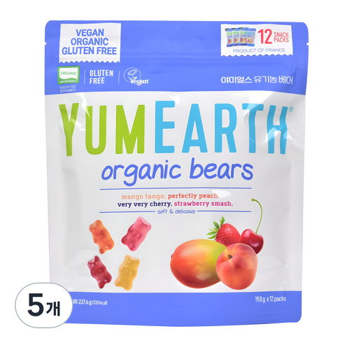 야미얼스 유기농 베어 젤리, 237.6g, 혼합맛(망고/복숭아/체리/딸기), 5개