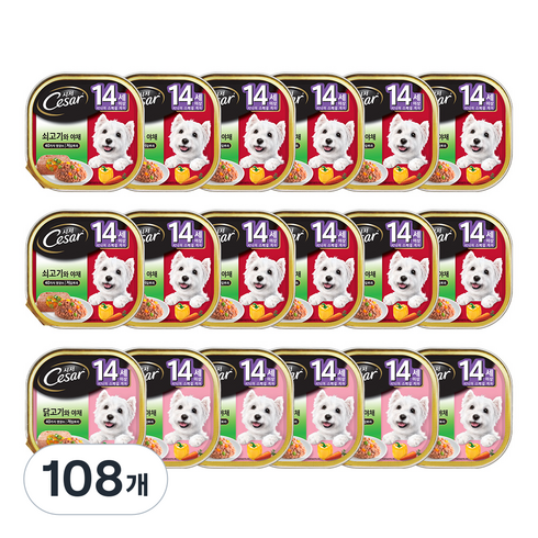 시저 14세 이상 시니어 강아지 버라이어티팩 주식캔 쇠고기 12p + 닭고기 6p, 혼합맛, 100g, 108개