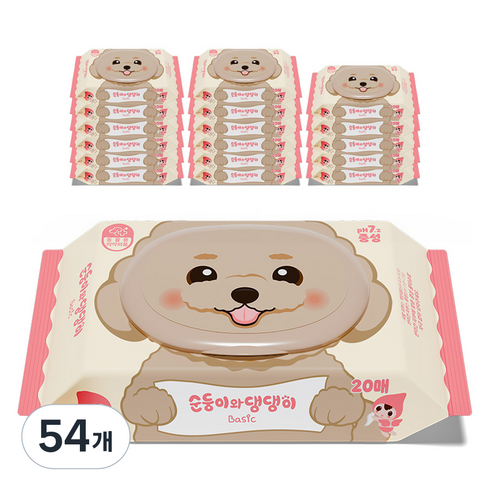 순둥이 와 댕댕이 반려동물 베이직 중성 물티슈 휴대 캡형, 20개입, 54개
