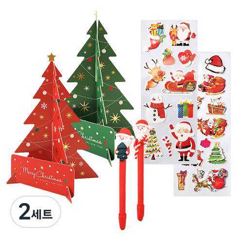 투영디자인 산타볼펜 2종 + X-mas 롱데코 스티커 2p + 트리스탠딩 카드 2p, 랜덤발송(볼펜, 스티커), 레드, 그린(카드), 2세트