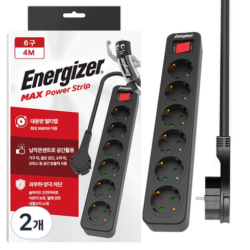 에너자이저 과부하차단 고용량 3680W 멀티탭 6구, 4m, 블랙, 2개