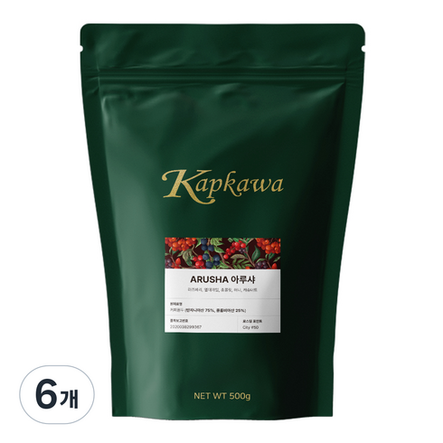 캅카와 아루샤 블렌드, 홀빈(분쇄안함), 500g, 6개