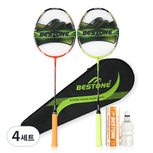 베스트원 파워룰러 배드민턴 라켓 주황 + 연두 +가방 + 셔틀콕 4p 세트, 4세트