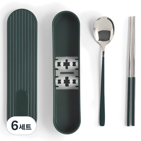 바네 커트러리 무소음 휴대용 도시락수저 + 수저통세트, 그린, 숟가락 + 젓가락 + 수저케이스, 6세트