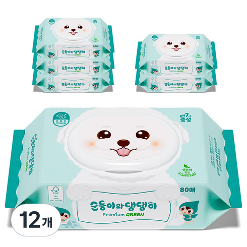 순둥이 반려동물 순둥이와 댕댕이 프리미엄 그린 중성 물티슈, 80개입, 12개