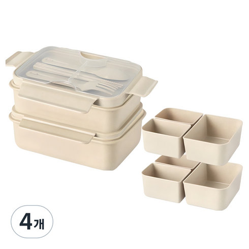 나누담 피크닉 1100ml 2+1칸 2단 도시락통, 베이지, 4개