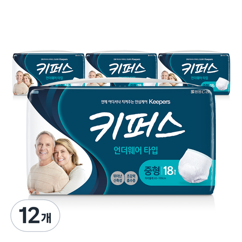 키퍼스 남녀공용 팬티 성인기저귀, 중형, 18개입, 12개