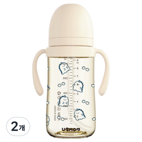 유비맘 유아용 국내 제조 공룡 디자인 PPSU 역류 물샘방지 빨대컵, 280ml, 2개, 베이지(요거트)