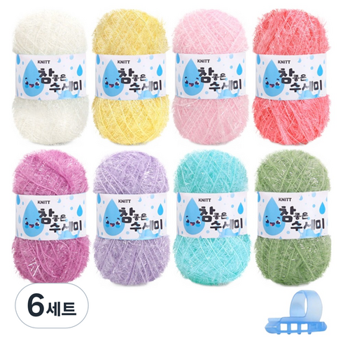 니뜨 참 좋은 수세미실 30g x 8종 + 플라스틱 3구 니팅링 세트, 6세트, 혼합색상(뜨개실), 블루(니팅링)