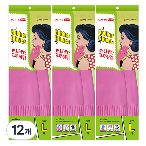 롯데 이라이프 고무장갑, 12개, 대(L), 핑크