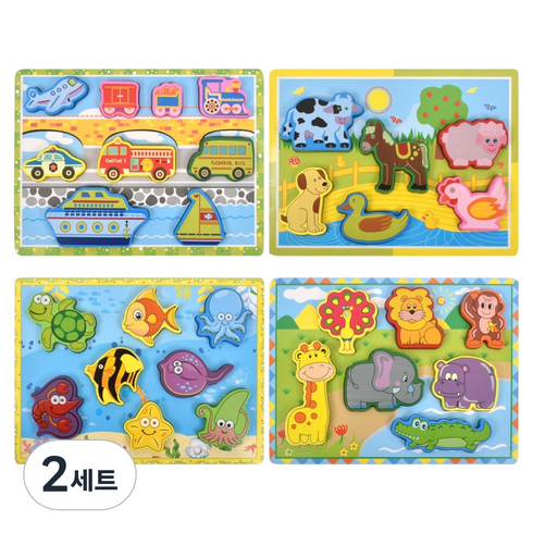 목제 입체퍼즐 가축 + 동물 + 바다 + 교통 4종세트, 2세트, 30피스