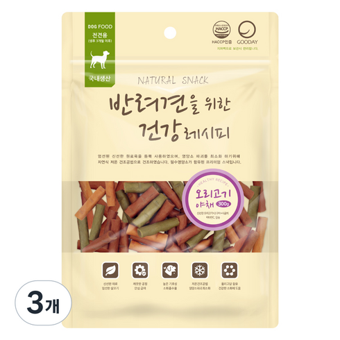 굿데이 강아지 반려견을 위한 건강레시피 간식, 혼합맛(오리고기/야채), 300g, 3개
