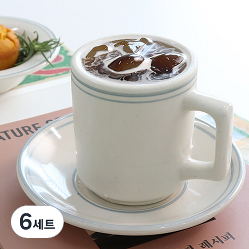 코지테이블 빈티지 블루 그레이 라인 접시 커피잔 + 소서 세트, 6세트
