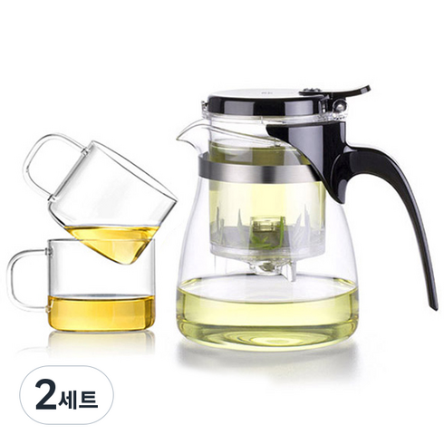 사마도요 내열유리 티포트세트 A14, 2세트, 티포트 900ml(1P) + 찻잔 150ml(2P), 혼합색상
