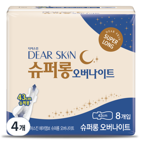 디어스킨 에어엠보 슈퍼롱 오버나이트 생리대 날개형, 오버나이트 이상, 8개입, 4개