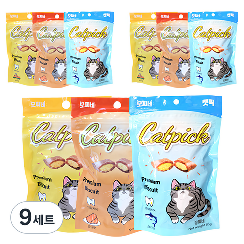 모찌네 고양이 프리미엄 캣픽 비스켓 간식, 혼합맛(연어/참치/치킨), 255g, 9세트