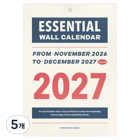 아이코닉 2027 에센셜 벽걸이 월 캘린더 A4, 혼합색상, 5개