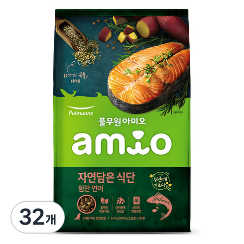 풀무원아미오 전연령 강아지 자연담은 식단 건식사료, 연어, 400g, 32개