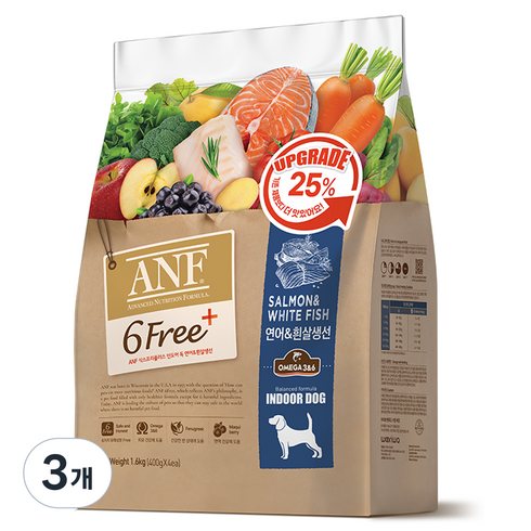 ANF 전연령 식스프리 플러스 인도어 독 건식사료, 연어+흰살생선, 1.6kg, 3개