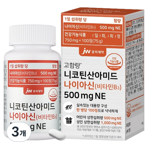 JW중외제약 니코틴산아미드 나이아신 비타민B3 500mgNE 75g, 100정, 3개