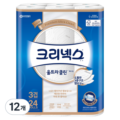 크리넥스 3겹 천연펄프 울트라클린 화이트, 25m, 24개입, 12개