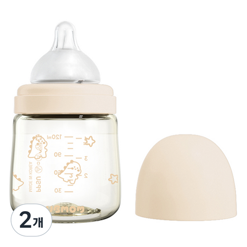 유비맘 시그니처 PPSU 배앓이방지 젖병 + 젖꼭지 세트, 베이지, 120ml, 2개