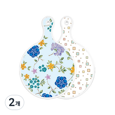 로엠디자인 양면 원형 서빙 도마 보드 로맨틱블루floral비색, Happy사각패턴, 2개