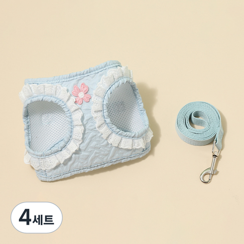 파스텔펫 강아지 클로버 하네스 리드줄 세트, 블루, 4세트