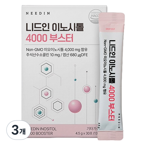 니드인 콜린 미오 이노시톨 4000 부스터 엽산 비타민 미네랄 30p, 135g, 3개