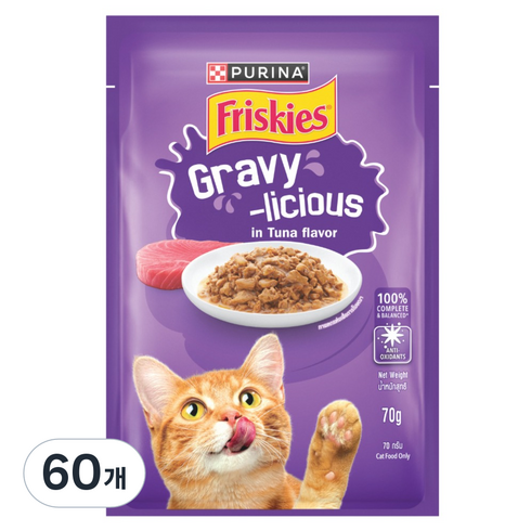 프리스키 고양이 퓨리나 그레이비 주식 습식 파우치 참치맛, 닭, 70g, 60개