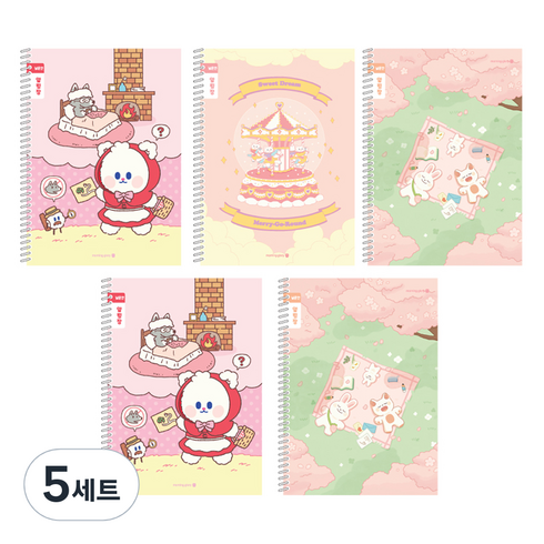 모닝글로리 채움노트 초등 스프링 노트 알림장 넓은칸 3종 + 랜덤발송 2p 세트 B, 솜솜빨강모자 + 회전목마 + 벚꽃놀이, 5세트