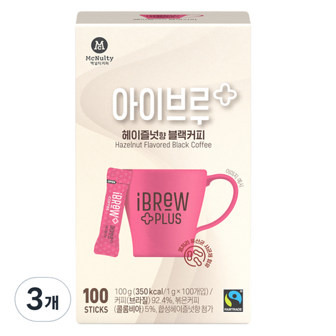 아이브루 플러스 공정무역 헤이즐넛 블랙커피, 1g, 100개입, 3개