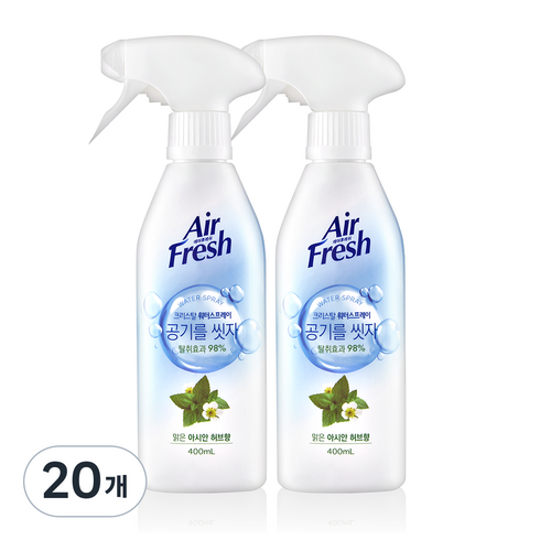 에어후레쉬 크리스탈 워터스프레이 맑은 아시안 허브향 실내 탈취제 본품, 400ml, 20개