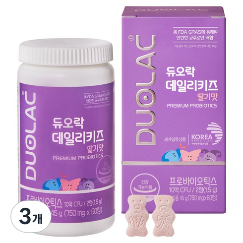 듀오락 데일리키즈 딸기 츄어블 어린이 유산균, 60정, 3개