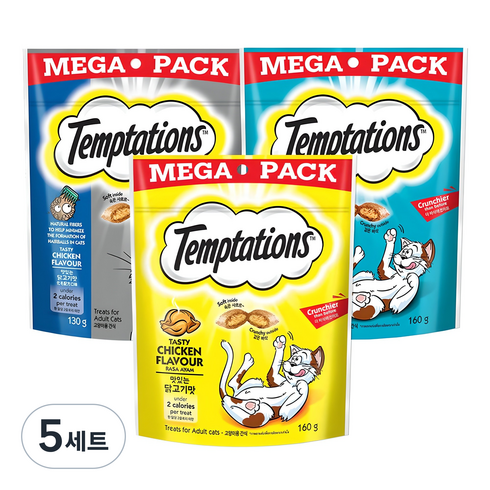 템테이션 고양이 메가팩 스낵 3종 세트, 혼합맛(닭고기/참치/헤어볼컨트롤), 5세트, 450g