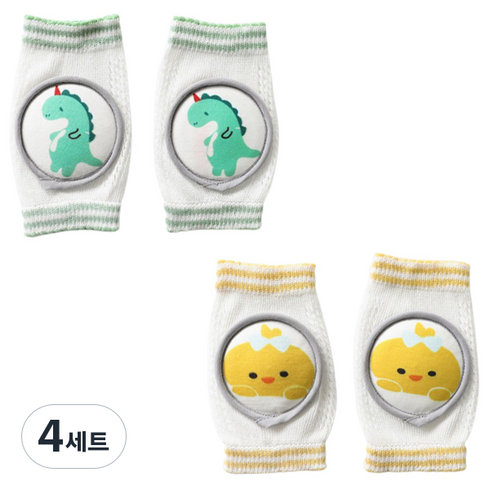 엠케이 동물마을 매쉬 미끄럼방지 유아 무릎보호대, 공룡(그린), 병아리(옐로우), 4세트