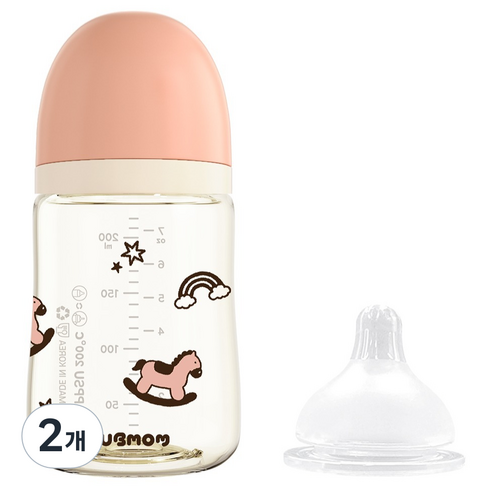 유비맘 모유실감 PPSU 리틀포니 젖병 젖꼭지, 피치포니, 2개, 200ml