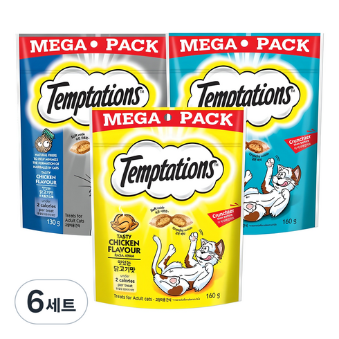 템테이션 고양이 메가팩 스낵 3종 세트, 혼합맛(닭고기/참치/헤어볼컨트롤), 6세트, 450g