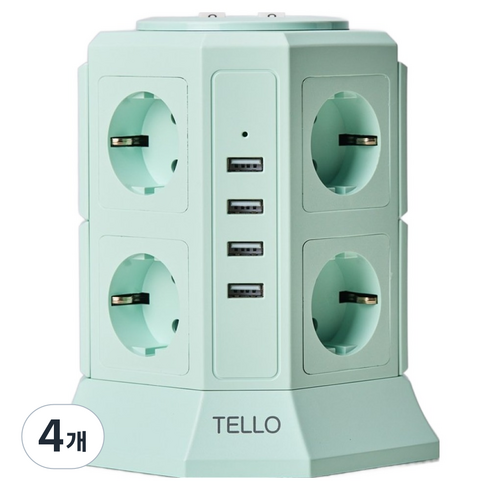 TELLO 스마트 서지 보호 PA66 고급 소재 KC인증 접지 안전 고용량 과부하차단 USB 타워 멀티탭 12구, 2m, 민트, 4개