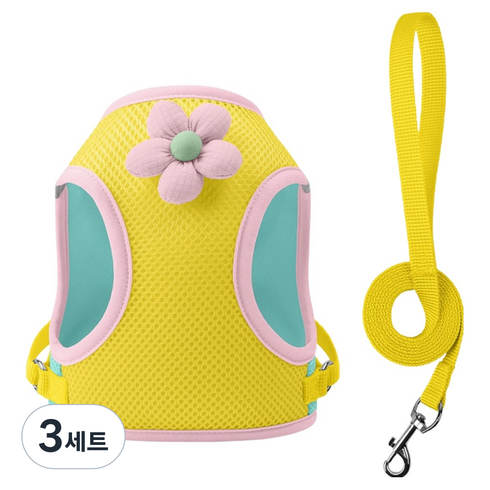 파스텔펫 반려동물 플라워 하네스 + 리드줄 세트, 옐로우, 3세트